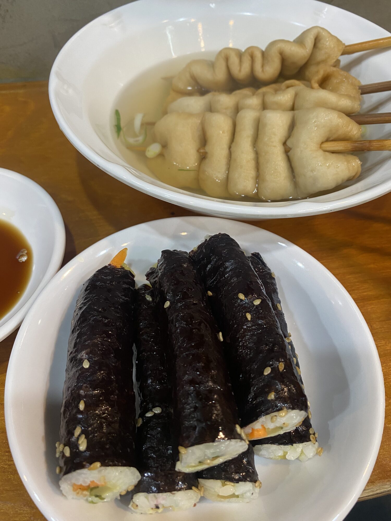 Fish-cake skewers and gimbap
