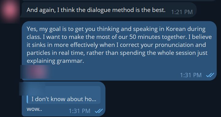 A student saying the dialogue method is the best, and Rok explaining that he corrects pronunciation and particles in real time rather than spending the session explaining grammar.