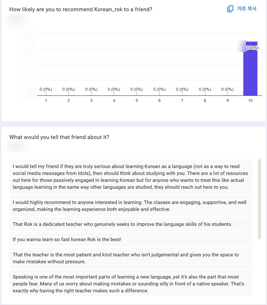 Anonymous survey: every respondent scored 10 out of 10 for how likely they are to recommend Korean_rok. Written answers include that he is the most patient and kind teacher, isn't judgemental, and gives you space to make mistakes without pressure.